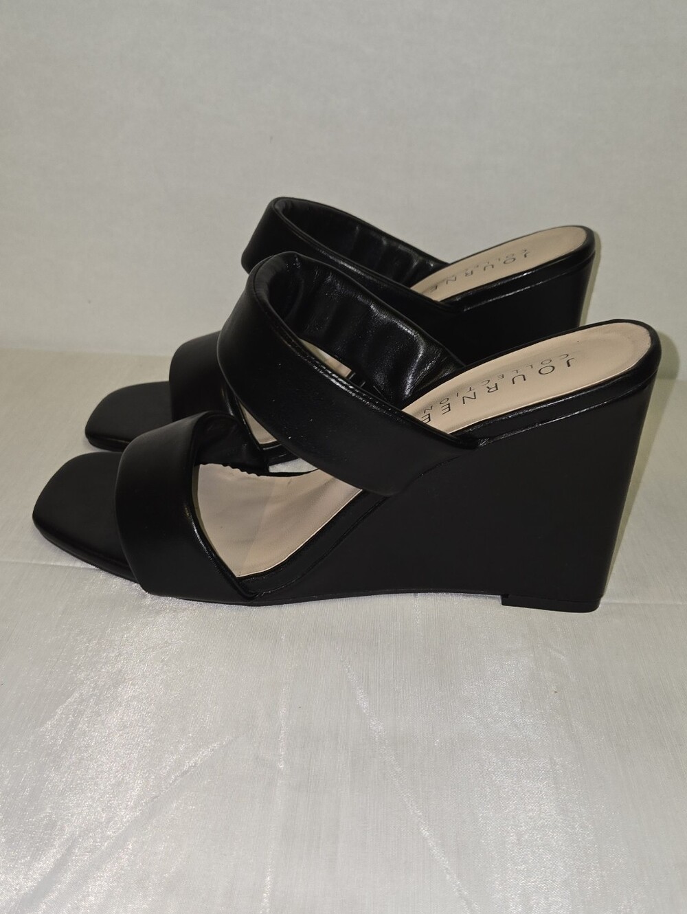 Journee Collection Black Double-Band Wedge Slide Sandals